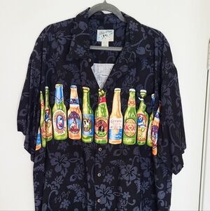 Big Dogs Black Hawaiian Shirt with Colorful Beer Bottle Border Mens XL